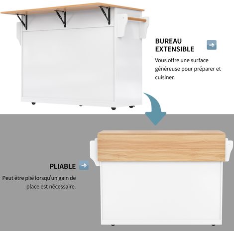 chariot de service avec table dépliable, dimensions : 120x46(70)x91 cm. Couleur blanche. Il est équipé de roulettes et de pieds en bois interchangeables. Idéal pour les cuisines et les salles à manger (1/5)