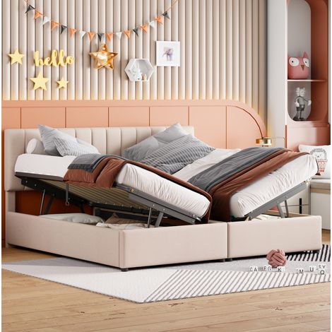 Letto contenitore matrimoniale 180x200 cm con sollevamento idraulico, in tessuto di lino beige, senza materasso (1/5)