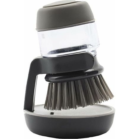 Cepillo para platos con dispensador de jabón, cepillo de cocina con soporte, cepillo con depósito de detergente líquido, cepillo de limpieza para estufas y fregaderos, gris (1/4)