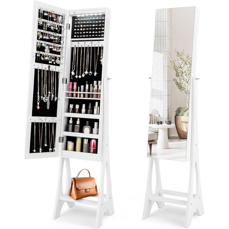 GOPLUS Armoire à Bijoux sur Pied avec Lumières LED et Miroir,Rangement avec Miroir Plein Longueur sur le Miroir,Organisateur d'Armoire à Bijoux avec Miroir à Bord Biseauté,3 Etagères (Blanc) (1/5)