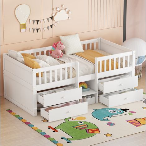 Cama semialta de madera de pino y MDF blanca 90x200 cm con 4 cajones y escalera (1/5)