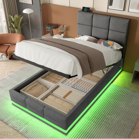Cama tapizada con almacenaje, LED y USB 90x200 gris OKMYHOME (1/5)