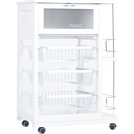 Carrello portapane con portabottiglie e cesti portafrutta Bianco (1/5)