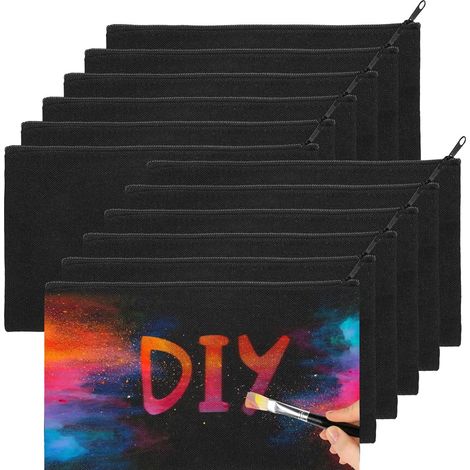 Lot de 12 pochettes en tissu à faire soi-même, pochettes en tissu pour la peinture, pochettes cosmétiques noires pour la peinture, trousses en tissu, pochettes cosmétiques avec fermeture éclair, 21 x  (1/5)