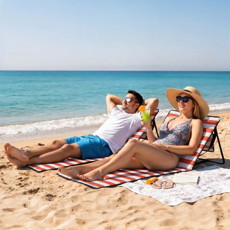 Lot de 2 tapis de plage rembourrés, matelas de plage avec dossier pliable multiposition, 142 x 51 x 40 cm, blanc et rouge (1/5)