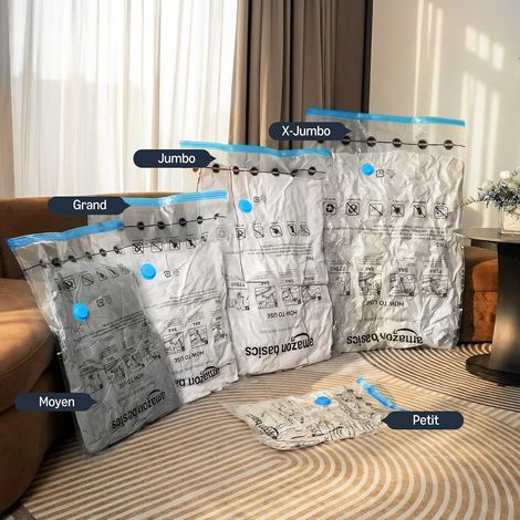 Basics Lot de 6 housses de rangement sous vide avec pompe manuelle - Jumbo Transparent, Fermeture éclair 6x Jumbo (100 x 76 cm) (1/5)