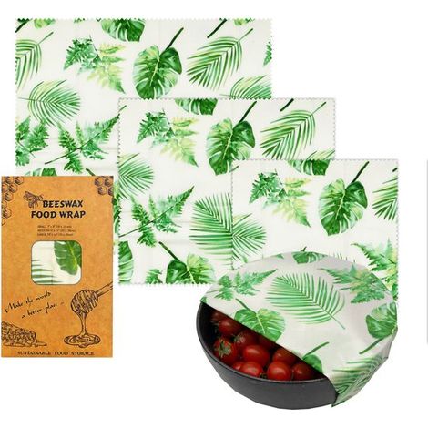 Set di 3 involucri in cera d'api con motivo a foglie verdi in tre misure (S/M/L), riutilizzabili, senza plastica, per alimenti come pane e frutta. (1/2)