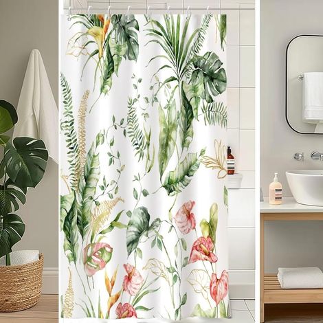 Rideau Douche Anti Moisissure, Rideau de Douche 120x200cm Tropical Vert Feuilles de Palmier Jungle Fleur Rose Rideaux de Baignoire Tissu Lavable Imperméable Rideaux de Bain avec 8 Crochets - 120L X 20 (1/5)