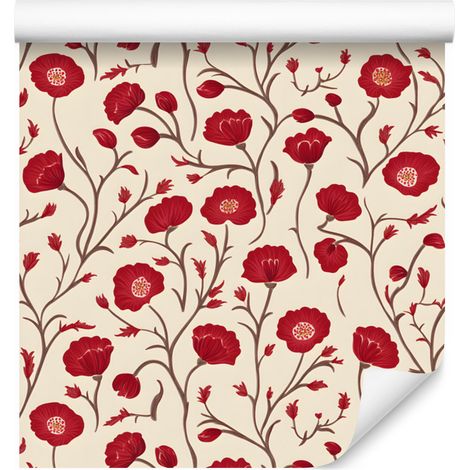 Papier peint à motifs de fleurs et de feuilles, crème et rouge, pour salon et chambre, 50 x 1000 cm (1/5)