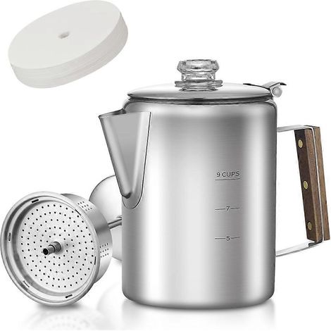 Cafetière à percolation avec 90 filtres à café - 9 tasses, en acier inoxydable, idéale pour le camping et la maison. (1/5)