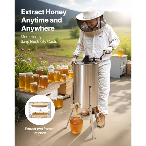 Extracteur de Miel Manuel à 2 Cadres Centrifugeuse Séparateur Miel Acier Inox avec Couvercle Transparent, Support Réglable en Hauteur, Équipement d'Extraction de Nid d'Abeilles pour Apiculture (1/5)