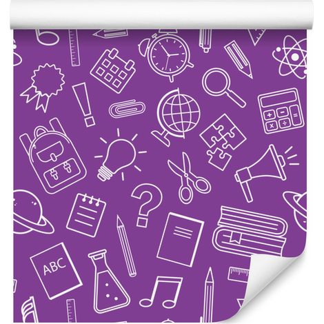 Papel pintado con diseño de material escolar en color morado para salón y dormitorio, 50x1000 cm. (1/5)