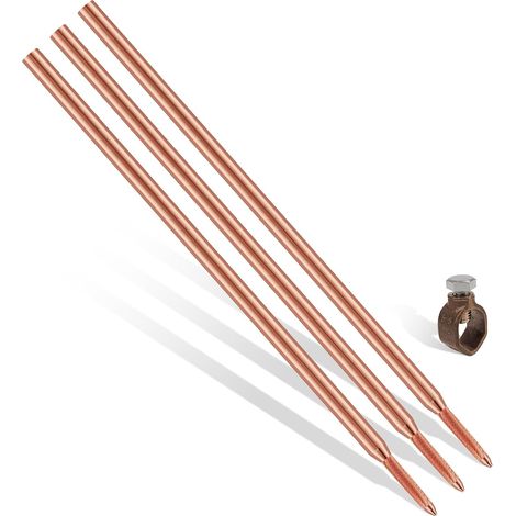 Tige de terre en cuivre plaqué pour terre profonde, diamètre 16 mm en acier au carbone 254 um, revêtement en cuivre rouge (kit avec pince en silicium bronze, 3 m Ø16 (3 x 1000 mm) (1/5)
