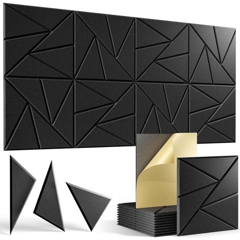 Lot de 12 panneaux acoustiques autocollants, panneaux muraux insonorisants haute densité, panneau insonorisant en polyester, 30 x 30 cm (noir) (1/5)