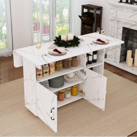 Desserte de cuisine pliante 110x70 cm chariot de cuisine avec rangement et 5 roulettes, 3-en-1, hauteur 80 cm, MDF blanc (1/5)