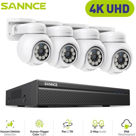 Sannce – Kit de vidéosurveillance 4K avec 8 caméras – Vision nocturne 20m – Audio bidirectionnel – Détection humaine et véhicule – IP66 étanche