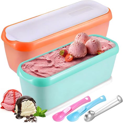 Lot de 2 Bacs à glace, Récipients 1,5 L avec couvercle, Cuillères incluses, Sans BPA, Pour sorbets et yaourts maison (1/5)