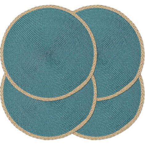 Lot de 4 Sets de Table Ronds tressés à la Main, résistants à la Chaleur, antidérapants, faciles à Nettoyer pour Cuisine, Salle à Manger, intérieur et extérieur (Bleu, 4)'Bord Fin Marron, Bleu Lot de 4