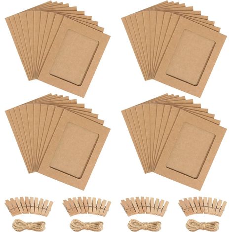 Guirlande Photo 40 Pièces Cadres Photo en Papier Petit Cadre Photo 10x15 cm Pele Mele Photo Mural avec 40 Pinces en Bois 4 Cordes Cadre Photo Carton pour Décoration Murale (Papier Kraft) (1/5)