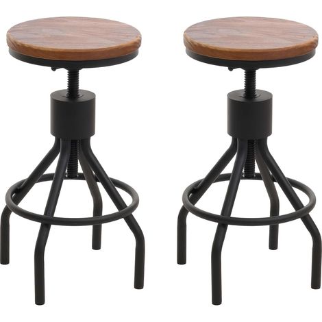 Conjunto de 2 taburetes de bar silla alta diseño industrial regulables en altura reposapiés giratorios metal negro y madera maciza marrón TDB04082 (1/5)