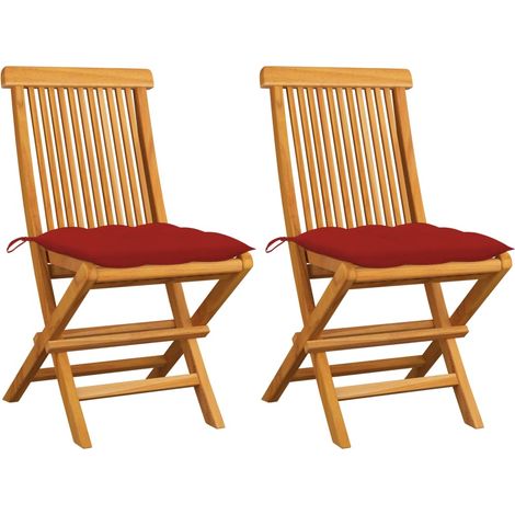 Chaises de jardin avec coussins rouge 2 pcs Bois de teck massif (1/5)