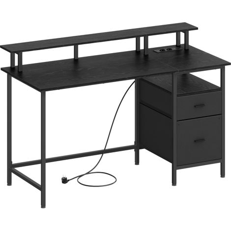 Bureau Gaming, avec Tiroirs en Tissu, Table Informatique avec Support d'Écran, Multiprise, 2 Ports USB, pour Bureau à Domicile, 140 x 60 cm, Noir Boisé (1/5)