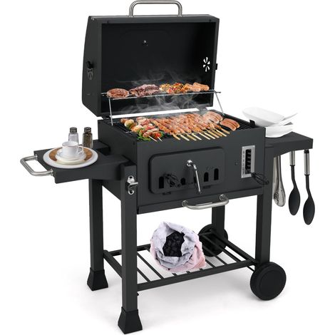 COSTWAY Barbecue a Carbone da Esterno con Ruote, Barbecue a Carbone Portatile con 2 Tavolini Pieghevoli, Vassoio del Carbone Regolabile a 6 Livelli e Ripiano di Stoccaggio, per Campeggio, Picnic (1/5)