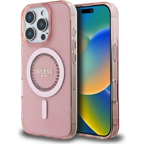 Funda rígida Guess GUHMP16LPFTDTEP para iPhone 16 Pro de 6,3 pulgadas, color rosa/rosa, con diamantes de imitación IML y MagSafe. (1/5)