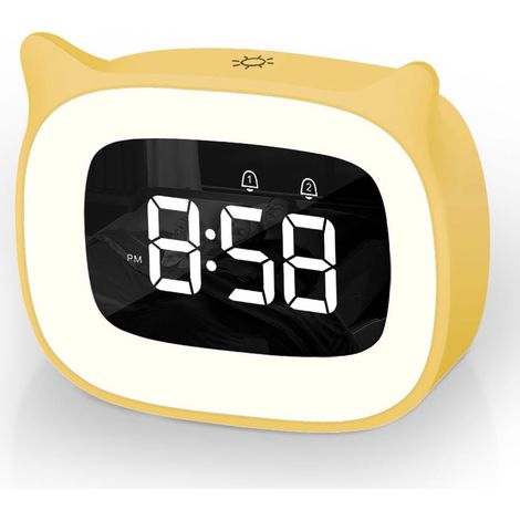 Réveil Enfant, Réveil Enfant Educatif, Veilleuses Chat Mignon, Lampe Chevet Fonction Snooze, Affichage Automatique Temps, 5 Couleurs,18 Type de Musique Cadeau d'anniversaire (Jaune) (1/5)