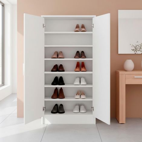 Armadio Multiuso 2 Ante Scarpiera Salvaspazio Con 6 Ripiani Estraibili Mobile Porta Scarpe Ingresso Corridoio Camera Ripostiglio Design Moderno Minimal 108 x 55 x 39.6 Cm Colore Rovere - Colore: Bianc (1/5)