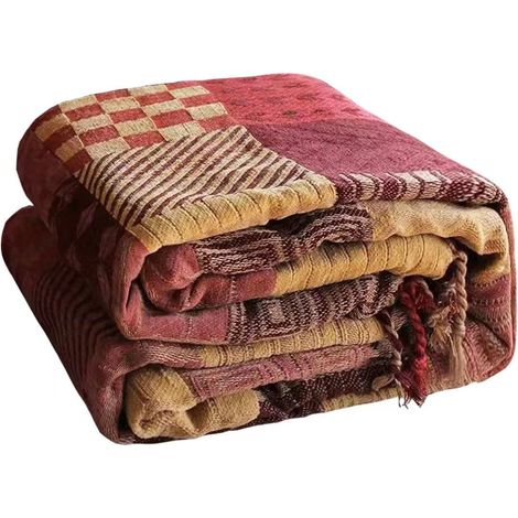 Plaid de canapé-lit 100% chenille bohème grand pour 2 3 places - Plaids extra larges pour canapés, plaid patchwork doux pour canapé, comme couvre-lit, tapis, lit, cadeaux - 220x260cm, rouge (1/5)