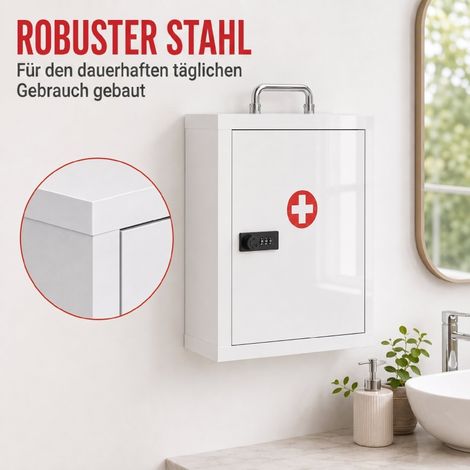 Armoire à pharmacie murale avec cadenas à code, 3 étagères, coffret de secours verrouillable en acier, blanc (1/5)