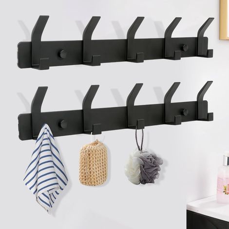 Wandgarderobe ohne Bohren, 2 Wandhaken für Schlafzimmer, Badezimmer und Küche, Wandgarderobe für Jacken, Mäntel, Taschen, Hüte und Schals (Schwarz, 5 Haken)