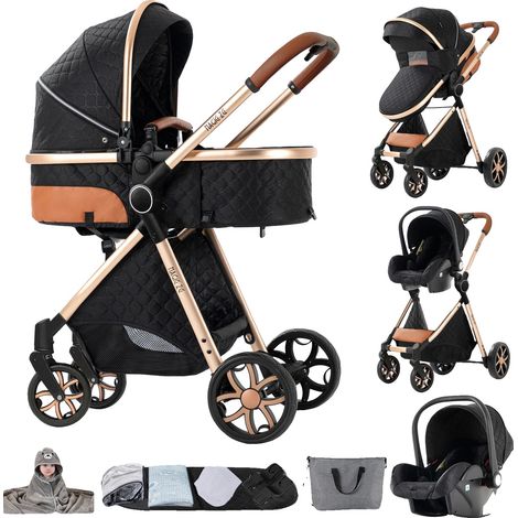 Passeggino 3 in 1, pieghevole e compatibile con seggiolino auto, YV9-BLACKGOLD (1/2)