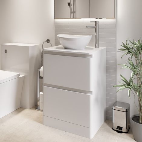 600mm Bathroom Countertop Vanity Unit Oval Basin Sink Freestanding Gloss White