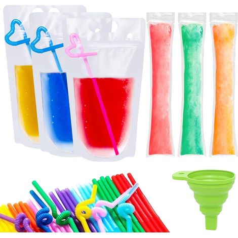 Sachet À Boisson Réutilisable - Sachet À Glace Sur Mesure - Fermeture Éclair Double - 30 Pièces 17 Oz + 100 Sachets Jetables + 30 Pailles + 1 Entonnoir (1/5)