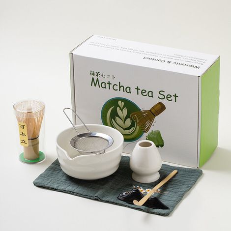 Service à matcha, 7 pièces, blanc – bol, fouet, cuillère et passoire – Cérémonie japonaise (1/5)