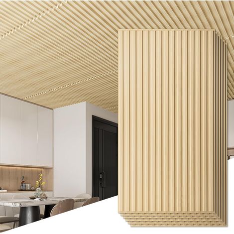 Lot de 12 panneaux muraux 3D à lattes, carreaux de plafond décoratifs  PVC,Pour décoration murale intérieure,61 x 122cm, Chêne (1/5)
