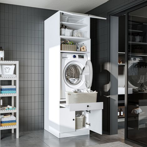 1000 Series Washing Machine Cabinet with Pull Out Shelf and Hinged Door, Modern Tall Laundry Storage Unit, White