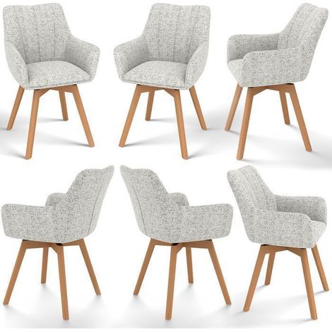 Lot de 6 chaises de salle à manger pivotantes – Accoudoirs – Dossier haut en molleton – Pieds en bois massif – Style scandinave