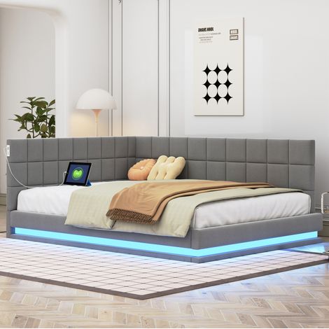 Schlafsofa Polsterbett Leinen Grau 140x200 cm mit LED-Licht, USB-Steckdose und Lattenrost (1/5)