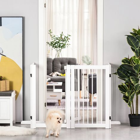 PawHut Absperrgitter Hund Freistehendes Schutzgitter mit Füßen 220 x 91 cm Holz Hundegitter Treppenschutzgitter Türschutzgitter Treppengitter für Treppen, Türen, Küche, Flur, 4 Paneelen, Weiß (1/5)