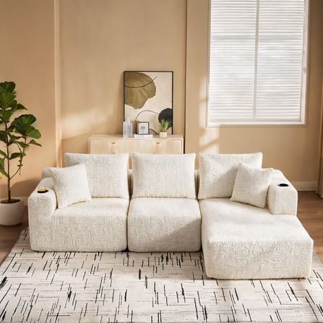 Canapé d'angle réversible en chenille beige 261 cm 3 places (1/5)