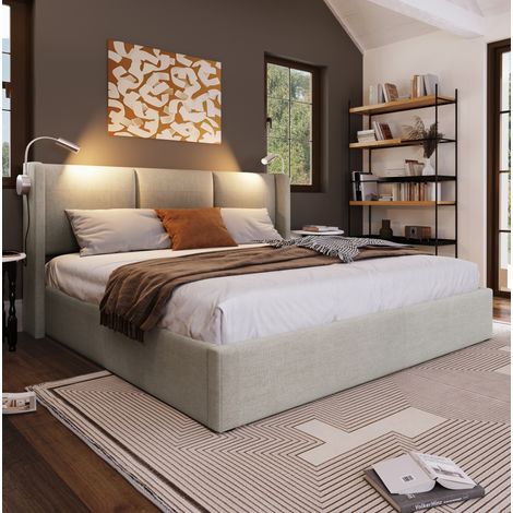 Cama canapé tapizada 140x200 cm con cabecero de lino beige, luz de lectura USB, somier de láminas y arcón abatible (1/5)
