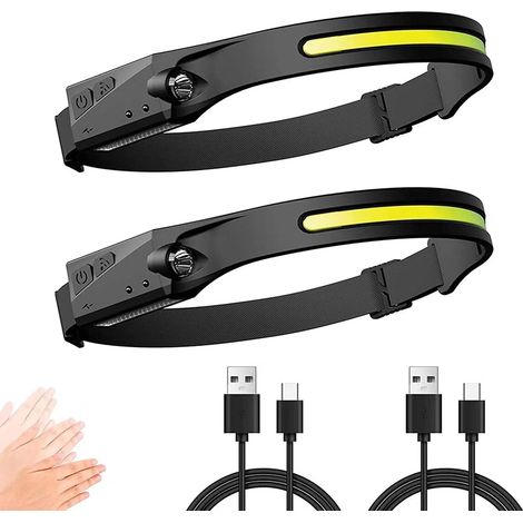 Lampe Frontale, Torche Frontale LED USB Rechargeable Puissante avec 350 LM, 3 Modes d'Eclairage, Induction Manuelle, Étanche et Léger pour Pêche, Camping, Lecture, Randonnée, Cyclisme (2PCS)