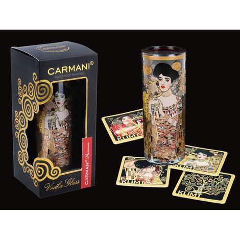 Set composto da bicchiere da vodka Klimt Adele Bloch Bauer e 4 sottobicchieri in sughero. (1/5)
