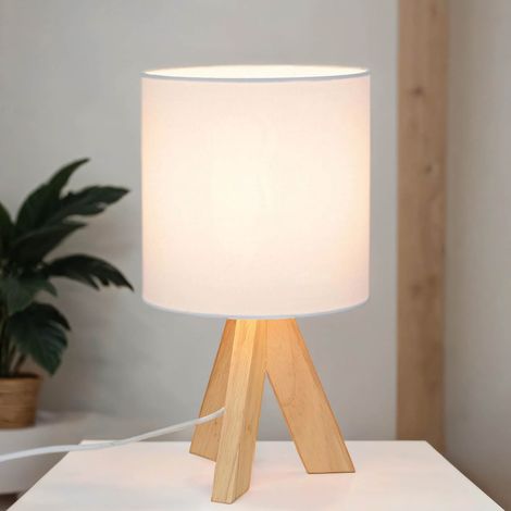 Lampe de table blanche pied bois tissu abat-jour 31 cm E14 - Bois, blanc (1/5)
