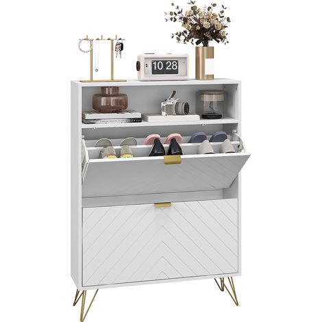 Stylish 12 Pair Shoe Storage Cabinet with Chevron Design and Gold Accents in White Finish