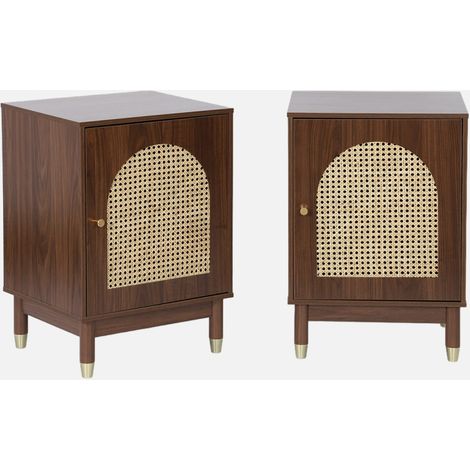 Mesita de noche efecto madera y mimbre con 1 puerta, set de 2 (1/5)