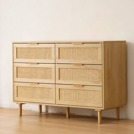 GRAVFORCE Commode à 6 Tiroirs Style Moderne Commode à 6 Tiroirs de Rangement pour Chambre à Coucher, Salon 75H x 110L x 40D cm Rotin (1/4)